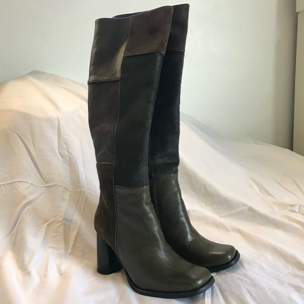 Jeffrey Campbell Hunted Knee High Square Toe Patchwork Leather Fur Boots